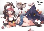  1girl absurdres ahoge bare_legs baseball_cap black_footwear blue_eyes blue_shorts blush boldore breasts brown_hair cleavage collarbone commentary cross-laced_footwear curvy denim denim_shorts full_body glint grey_background groin hat highres hilda_(pokemon) holding holding_poke_ball iparuputsua long_hair looking_at_viewer lying medium_breasts midriff minccino on_side open_mouth pidove pink_headwear poke_ball poke_ball_(basic) poke_ball_print pokemon pokemon_(creature) pokemon_(game) pokemon_bw ponytail shirt shoes short_shorts shorts sidelocks simple_background sleeveless sleeveless_shirt smile sneakers solo_focus sweatband tepig torn_clothes torn_shorts two-tone_headwear wavy_hair white_background white_headwear white_shirt wristband 