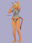  1girl animal_ear_fluff animal_ears arm_behind_back arm_up ass_visible_through_thighs avatar_(ff11) bare_legs barefoot blonde_hair blue_eyes bow bow_panties breasts cat_ears cat_girl cat_tail collarbone dark-skinned_female dark_skin final_fantasy final_fantasy_xi full_body grey_panties grey_shirt medium_breasts mithra_(ff11) navel no_eyebrows one_eye_closed open_mouth panties purple_background shirt short_hair short_sleeves simple_background solo standing tail tears teeth toenails underwear waking_up yawning yuccoshi 
