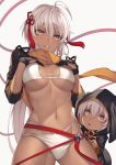  2girls ahoge bangs banned_artist bikini black_jacket breasts cropped_jacket dark-skinned_female dark_skin fate/grand_order fate_(series) grey_eyes jacket kyoeiki long_hair long_sleeves looking_at_viewer medium_breasts multiple_girls navel okita_souji_(alter_swimsuit_saber)_(fate) okita_souji_(fate) open_mouth orange_scarf rengoku_(fate) scarf shrug_(clothing) swimsuit tassel thighs very_long_hair white_bikini white_hair 