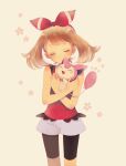  1girl bangs bare_arms bike_shorts bike_shorts_under_shorts blush bow_hairband brown_hair closed_eyes closed_mouth commentary_request eyelashes hairband hands_up happy holding holding_pokemon may_(pokemon) medium_hair pokemon pokemon_(creature) pokemon_(game) pokemon_oras red_hairband red_shirt shirt shorts skitty sleeveless sleeveless_shirt smile white_shorts zges 