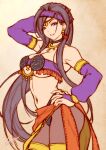  1girl bare_shoulders blush breasts cleavage dancer detached_sleeves dragon_quest dragon_quest_xi highres jewelry large_breasts lioreo long_hair martina_(dq11) midriff parted_lips ponytail purple_eyes purple_hair signature solo strapless tube_top very_long_hair 