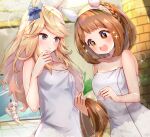  +_+ 3girls :d ^^^ animal_ears bangs bare_arms bare_shoulders blonde_hair blue_bow blue_eyes blush bow braid breasts brick_wall brown_eyes brown_hair cleavage commentary_request curren_chan_(umamusume) ear_bow eyebrows_visible_through_hair gold_city_(umamusume) grey_hair hairband highres holding_tail horse_ears horse_girl horse_tail indoors meyamu multiple_girls naked_towel red_eyes slipping small_breasts smile sparkle tail teeth towel umamusume upper_teeth white_hairband yukino_bijin_(umamusume) 