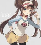  1girl :o bangs black_legwear bow brown_hair commentary copyright_name double_bun eyelashes grey_background grey_eyes hand_on_hip holding holding_poke_ball legwear_under_shorts long_hair pantyhose pink_bow poke_ball poke_ball_(basic) poke_ball_symbol pokemon pokemon_(game) pokemon_bw2 raglan_sleeves rosa_(pokemon) shiny shiny_hair short_shorts shorts solo twintails visor_cap yellow_shorts zges 