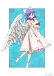  1girl angel_wings blue_eyes blue_hair blush bow breasts buttons closed_mouth dress feathered_wings frilled_dress frills full_body hair_bow haramin3 highres mai_(touhou) medium_breasts medium_hair pink_bow pink_dress puffy_short_sleeves puffy_sleeves red_neckwear short_sleeves smile socks touhou touhou_(pc-98) white_wings wings 