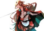  1girl asuna_(sao) bangs belt black_belt braid breasts brown_eyes brown_hair brown_skirt cape etain_(e_t_a_i_n) green_cape green_legwear holding holding_sword holding_weapon long_hair long_sleeves looking_to_the_side pantyhose pleated_skirt profile rapier red_cape skirt solo sword sword_art_online sword_art_online_progressive two-sided_cape two-sided_fabric weapon white_background 