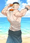  1boy back backwards_hat bara baseball_cap beach biceps black_pants blonde_hair bracelet closed_eyes cloud cloudy_sky day earrings ero_condo flexing hair_through_headwear hat headphones headphones_around_neck highres jewelry kienbiu male_focus muscular muscular_male official_art outdoors pants pose sharp_teeth short_hair sky smile solo suplex_(ero_condo) tank_top teeth white_tank_top 