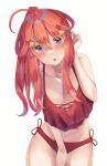  1girl absurdres ahoge bangs bare_shoulders bikini blue_eyes blush breasts cleavage collarbone commentary go-toubun_no_hanayome hair_between_eyes hair_ornament highres large_breasts long_hair looking_at_viewer nakano_itsuki open_mouth red_bikini red_hair red_swimsuit side-tie_bikini simple_background solo star_(symbol) star_hair_ornament swimsuit white_background yuunamida_uyu 