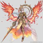  1girl alternate_costume armor braid breastplate fiery_wings fire gold_armor helmet highres lenneth_valkyrie long_hair low-braided_long_hair nishiki_areku official_art shoulder_armor shoulder_pads silver_hair valkyrie valkyrie_profile valkyrie_profile_anatomia wings 