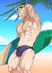  1boy abs bara beach blonde_hair blue_eyes blue_male_swimwear bracelet bulge cloud day earrings erection erection_under_clothes ero_condo goggles goggles_on_head highres holding holding_surfboard jewelry kienbiu large_pectorals looking_at_viewer male_focus male_swimwear muscular muscular_male navel nipples official_art outdoors pectorals see-through sharp_teeth short_hair sky smile solo summer suplex_(ero_condo) surfboard swim_briefs teeth thick_thighs thighs 