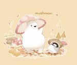  autumn_leaves bear bird black_eyes brown_background chai eye_contact food holding holding_food looking_at_another mushroom no_humans original penguin polar_bear simple_background standing 
