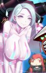 2girls blood blurry blurry_background breast_envy breasts cannon colored_skin face_of_the_people_who_sank_all_their_money_into_the_fx_(meme) flat_chest grey_hair highres hologram ironworm ironworm_parasite jazz_jack large_breasts last_origin long_hair mecha meme midwinter&#039;s_spirit_seljuq_(last_origin) multiple_girls night_angel_(last_origin) purple_skin red_eyes red_hair seljuq_(last_origin) signature smile yellow_eyes 