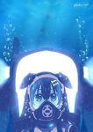  1girl air_bubble animal_ears blue_theme bodysuit bone_hair_ornament bubble commentary diving_mask dog_ears english_commentary goggles hair_ornament highres hololive inugami_korone kukie-nyan looking_at_viewer mecha solo subnautica underwater virtual_youtuber wetsuit 