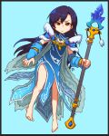  1girl armor bangs barefoot black_hair blue_background blue_cape blue_dress blue_sleeves cape closed_mouth cosplay crystal_maiden crystal_maiden_(cosplay) dota_(series) dota_2 dress edich_art full_body holding holding_staff idolmaster kisaragi_chihaya long_hair looking_at_viewer pauldrons red_eyes shoulder_armor solo staff toes v-shaped_eyebrows 