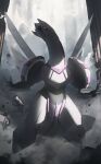  absurdres asteroid_ill black_sclera broken character_name colored_sclera commentary_request grey_background highres no_humans open_mouth palkia pillar pokemon pokemon_(creature) red_eyes standing 