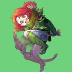  1girl :d arrow_(projectile) bangs bow_(weapon) dota_(series) dota_2 edich_art full_body gauntlets green_background green_eyes green_footwear green_neckwear green_shirt holding holding_arrow holding_bow_(weapon) holding_weapon long_hair looking_at_viewer open_mouth orange_hair ponytail quiver scarf shirt simple_background smile solo teeth toeless_footwear toes weapon windranger_(dota) 