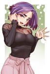  1girl blush boku_no_hero_academia breasts casual high-waist_pants highres jewelry lady_nagant medium_breasts multicolored_hair open_mouth pants pink_hair purple_eyes purple_hair rakuga_kiya ring solo waving 