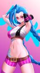  1girl absurdres arm_tattoo bangs black_bra black_gloves blue_hair blush bra braid chest_sarashi closed_mouth collarbone crop_top dark_0714 elbow_gloves fingerless_gloves foreshortening gloves green_background groin highres jinx_(league_of_legends) league_of_legends long_hair multicolored_background multicolored_bra multicolored_clothes nabel navel pink_background pink_bra pink_eyes pink_legwear pink_shorts sarashi short_shorts shorts shoulder_tattoo single_thighhigh solo standing stomach stomach_tattoo striped striped_bra striped_shorts tattoo thighhighs twin_braids underwear very_long_hair 