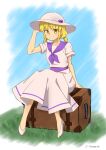  1girl blonde_hair breasts dress eyebrows_visible_through_hair haramin3 hat highres holding holding_clothes holding_hat louise_(touhou) no_socks purple_sailor_collar sailor_collar sitting small_breasts suitcase sun_hat touhou touhou_(pc-98) white_dress white_footwear white_headwear yellow_eyes 
