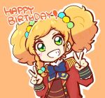  1girl aikatsu!_(series) aikatsu_stars! blonde_hair blue_bow bow brown_vest commentary_request double_v epaulettes green_eyes grin hands_up happy_birthday hitomiz jacket looking_at_viewer nikaidou_yuzu open_clothes open_jacket orange_background outline red_jacket shirt smile solo twintails upper_body v vest white_outline white_shirt 