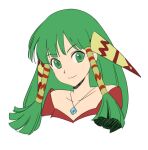  1girl bangs closed_mouth collarbone cropped_shoulders crystal eyebrows_visible_through_hair feena_(grandia) flat_color gem grandia grandia_i green_eyes green_hair hair_ornament hair_tubes head_tilt jewelry long_hair looking_at_viewer necklace portrait red_shirt shirt sidelocks simple_background smile solo tarokazu white_background 
