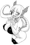  1girl bob_cut bottomless breasts cropped_legs dragon_horns dragon_tail fingernails greyscale highres horns jewelry large_breasts looking_at_viewer miitoban monochrome necklace original pointy_ears saliva sharp_fingernails short_hair simple_background slit_pupils smile solo spiked_horns tail thighhighs tongue tongue_out white_background 