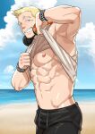  &gt;_o 1boy abs arm_up bara beach black_pants blonde_hair blue_eyes bracelet clothes_lift cloud cloudy_sky day earrings ero_condo headphones headphones_around_neck highres jewelry kienbiu large_pectorals lifted_by_self looking_at_viewer male_focus muscular muscular_male navel nipples official_art one_eye_closed outdoors pants pectorals sharp_teeth short_hair sky smile solo suplex_(ero_condo) tank_top teeth underpec white_tank_top 