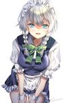  1girl apron artist_name bangs blue_dress blue_eyes blush bow bowtie braid breasts buttons collar collared_shirt dress eyebrows_visible_through_hair green_bow green_bowtie grey_hair hair_between_eyes hair_bow highres izayoi_sakuya looking_at_viewer maid maid_headdress medium_breasts open_mouth puffy_short_sleeves puffy_sleeves shiromoru_(yozakura_rety) shirt short_hair short_sleeves simple_background smile solo standing teeth tongue touhou twin_braids white_apron white_background white_shirt white_sleeves wrist_cuffs 