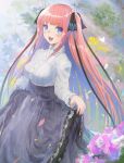 1girl :d bangs black_ribbon blue_eyes blunt_bangs blush breasts bug butterfly butterfly_hair_ornament clothes_lift flower forest frills go-toubun_no_hanayome hair_ornament high-waist_skirt highres hirokiku large_breasts long_hair long_skirt looking_at_viewer nakano_nino nature petals pink_hair purple_skirt ribbon shirt skirt skirt_lift smile solo striped striped_skirt vertical-striped_skirt vertical_stripes white_shirt 