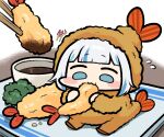  1girl blue_eyes blush chibi costume eating food food_focus full_body gawr_gura holding holding_food hololive hololive_english jazz_jack looking_at_food plate shrimp shrimp_tempura sitting solo soy_sauce tempura virtual_youtuber white_hair 