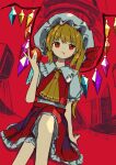  1girl absurdres apple arm_support ascot bangs blonde_hair blood blood_from_mouth bow closed_mouth commentary_request crossed_legs dot_nose dutch_angle empty_eyes eyebrows_visible_through_hair feet_out_of_frame flandre_scarlet food frilled_ascot frilled_shirt frilled_shirt_collar frilled_skirt frilled_sleeves frills fruit hand_up hat hat_bow highres holding holding_food holding_fruit long_hair looking_at_viewer mob_cap neruzou one_side_up pleated_skirt red_background red_bow red_eyes red_skirt red_vest shirt short_sleeves side_ponytail sitting skirt skirt_set solo touhou vest white_headwear white_shirt wings yellow_ascot 