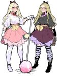  2girls absurdres alcohol black_footwear blonde_hair blue_lips blush boots bottle bow candy closed_mouth collared_shirt eyeliner eyeshadow food frown glasses grey_bow hair_bow highres holding holding_bottle holding_candy holding_food holding_lollipop holding_weapon lipstick lollipop long_hair looking_at_viewer makeup miitoban multiple_girls original pink_bow pink_shirt pink_skirt red-framed_eyewear red_skirt sash shirt shoes simple_background skirt striped striped_bow striped_legwear thighhighs weapon whiskey white_background white_footwear white_legwear white_shirt wing_collar yellow_eyes yellow_sash 