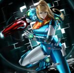  1girl arm_cannon armor bangs blonde_hair blue_eyes breasts dissolving_clothes gun highres long_hair looking_at_viewer metroid metroid_dread mole mole_under_mouth ponytail power_armor power_suit samus_aran science_fiction solo weapon wei_(promise_0820) zero_suit 