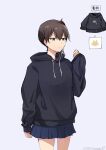  1girl alternate_costume black_sweater blue_skirt brown_eyes brown_hair commentary_request cowboy_shot drawstring grey_background highres hood hooded_sweater hoodie kaga_(kancolle) kantai_collection long_hair pleated_skirt samonasu17 side_ponytail simple_background skirt solo standing sweater translation_request 