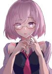  1girl bare_shoulders black_dress breasts dress fate/grand_order fate_(series) glasses hair_over_one_eye highres isetnation jacket large_breasts looking_at_viewer mash_kyrielight necktie open_mouth purple_eyes purple_hair short_hair solo upper_body 