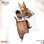  1girl animal_costume animal_ears arknights bangs barefoot cameo ceobe_(arknights) dakimakura_(object) doctor_(arknights) dog_ears dog_girl dog_tail full_body hair_ornament hair_ribbon hairclip highres holding hood hood_down leg_up light_brown_hair logo long_hair long_sleeves looking_at_viewer official_alternate_costume official_art one_eye_closed open_mouth pillow ponytail red_eyes ribbon shisantian simple_background solo tail 