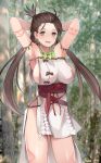  1girl absurdres armpits arms_behind_head arms_up bare_shoulders blush body_markings breasts brown_eyes brown_hair cleavage dress facial_mark fate/grand_order fate_(series) forehead forehead_mark forest highres himiko_(fate) koizumo large_breasts long_hair looking_at_viewer magatama magatama_necklace nature open_mouth sash side_slit sideboob smile solo thighs topknot tree twintails white_dress 