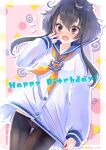  1girl 496mm anchor anchor_symbol black_hair black_legwear blue_sailor_collar blush brown_eyes cowboy_shot dress eyebrows_behind_hair gradient_hair grey_hair hair_between_eyes happy_birthday hat headgear highres kantai_collection long_sleeves lowleg lowleg_pantyhose mini_hat multicolored_hair neckerchief open_mouth panties panties_under_pantyhose pantyhose pink_background sailor_collar sailor_dress seamed_legwear shirt short_hair short_hair_with_long_locks side-seamed_legwear smokestack_hair_ornament solo tied_shirt tokitsukaze_(kancolle) underwear white_background white_panties yellow_neckerchief 