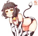  1girl ahoge alternate_costume animal_ears animal_print artist_logo bangs bell bikini blunt_bangs breasts brown_eyes brown_hair commentary_request cow_ears cow_horns cow_print cow_tail cowbell cowboy_shot dated downblouse elbow_gloves fake_animal_ears fake_horns front-tie_top gloves horns kanon_(kurogane_knights) kantai_collection kishinami_(kancolle) leaning_forward no_pupils one-hour_drawing_challenge parted_lips short_hair simple_background small_breasts smile solo swimsuit tail thighhighs wavy_hair white_background white_bikini white_gloves white_legwear 