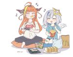  +++ 2girls :d ahoge amane_kanata bandaid bandaid_on_knee barefoot black_pants blue_shirt blush bow calbee_(potato_chips) closed_eyes colored_inner_hair commentary controller crossed_legs cushion diagonal-striped_bow eating english_commentary facing_viewer food french_fries game_controller grey_hair hairband halo holding holding_controller holding_game_controller hololive horn_bow horn_ornament horns kiryu_coco kukie-nyan long_hair makizushi mcdonald&#039;s multicolored_hair multiple_girls open_mouth orange_hair pants plate pp_tenshi_t-shirt sandwich seiza shirt sitting smile star_halo streaked_hair sushi tray twitter_username virtual_youtuber zabuton 