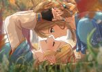  1boy 1girl bangs blonde_hair blue_shirt breasts brown_gloves commentary_request couple day earrings fingerless_gloves from_side gloves hair_ornament hetero highres jewelry layered_sleeves link long_hair long_sleeves looking_at_another open_mouth outdoors pointy_ears ponytail princess_zelda seri_(yuukasakura) shirt short_over_long_sleeves short_sleeves smile the_legend_of_zelda the_legend_of_zelda:_breath_of_the_wild 