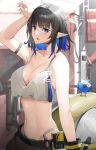  1girl absurdres arknights arm_strap arm_up bangs bare_arms bare_shoulders black_hair blue_eyes blue_hair breasts camisole cleavage crop_top crop_top_overhang eunectes_(arknights) eunectes_(forgemaster)_(arknights) eyebrows_visible_through_hair high_priest_(arknights) highleg highleg_panties highres large_breasts looking_at_viewer midriff multicolored_hair navel official_alternate_costume open_mouth panties pointy_ears raitho short_hair snake_tail solo spaghetti_strap stomach tail underwear upper_body 