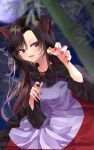  1girl animal_ears bamboo bangs blurry blurry_foreground blush brooch brown_hair claw_pose cloud commentary dress fingernails highres imaizumi_kagerou jewelry long_fingernails long_hair long_sleeves moon multicolored_clothes multicolored_dress night one-hour_drawing_challenge oudondk purple_dress red_brooch red_dress red_eyes red_nails sky solo swept_bangs touhou wide_sleeves wolf_ears 