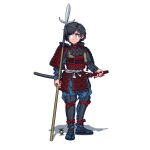  1girl absurdres armor bangs black_hair blue_eyes closed_mouth commission full_body highres holding holding_polearm holding_sword holding_weapon japanese_armor katana original ostwindprojekt polearm samurai shadow sheath sheathed short_hair simple_background solo spear sword weapon white_background yari 