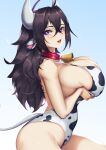  1girl animal_ears animal_print bangs bell black_hair blue_background blueorca breast_lift breasts commentary_request cow_ears cow_girl cow_horns cow_print cow_tail cowbell crossed_bangs curly_hair from_side gradient gradient_background hair_between_eyes highres horns huge_breasts long_hair looking_to_the_side neck_bell open_mouth original print_swimsuit purple_eyes sidelocks simple_background solo swimsuit tail teeth upper_teeth 
