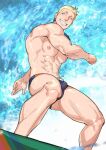  1boy abs bara blonde_hair blue_eyes blue_male_swimwear bulge day earrings ero_condo goggles goggles_around_neck highres jewelry kienbiu large_pectorals male_focus male_swimwear muscular muscular_male navel nipples official_art one_eye_closed outdoors pectorals sharp_teeth short_hair smile solo suplex_(ero_condo) surfboard surfing swim_briefs teeth thick_thighs thighs water waves 