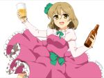  1girl alcohol beer_mug beerko bottle bow breasts cup dress frilled_dress frills green_bow green_neckwear green_ribbon green_sash hair_ribbon haramin3 highres holding holding_bottle juliet_sleeves light_brown_hair long_sleeves medium_breasts mug open_mouth original puffy_sleeves purple_dress ribbon sash short_hair simple_background solo teeth upper_teeth white_background white_sleeves yellow_eyes 