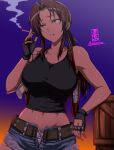  1girl belt black_lagoon box brown_eyes brown_hair crop_top cutoffs denim denim_shorts fingerless_gloves gloves gun highres midriff okyou open_fly revy_(black_lagoon) shirt shorts smoking sunset t-shirt tattoo weapon 