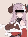  1girl blue_eyes braid breasts censored demon_horns draph granblue_fantasy hair_over_one_eye highres horns identity_censor large_breasts light_purple_hair long_hair low_tied_hair narmaya_(granblue_fantasy) official_alternate_costume pointy_ears purple_hair solo_focus teriton 