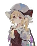  1girl ascot bangs blonde_hair closed_mouth crystal flandre_scarlet hair_between_eyes hat hat_ribbon medium_hair mob_cap one_side_up red_eyes red_ribbon red_skirt red_vest ribbon shihou_(g-o-s) shirt short_sleeves simple_background skirt solo touhou upper_body vest white_background white_headwear white_shirt wings yellow_ascot 