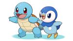  :d blue_eyes commentary_request holding_hands no_humans official_art open_mouth piplup pokemon pokemon_(creature) project_pochama red_eyes smile squirtle standing tiptoes tongue white_background 